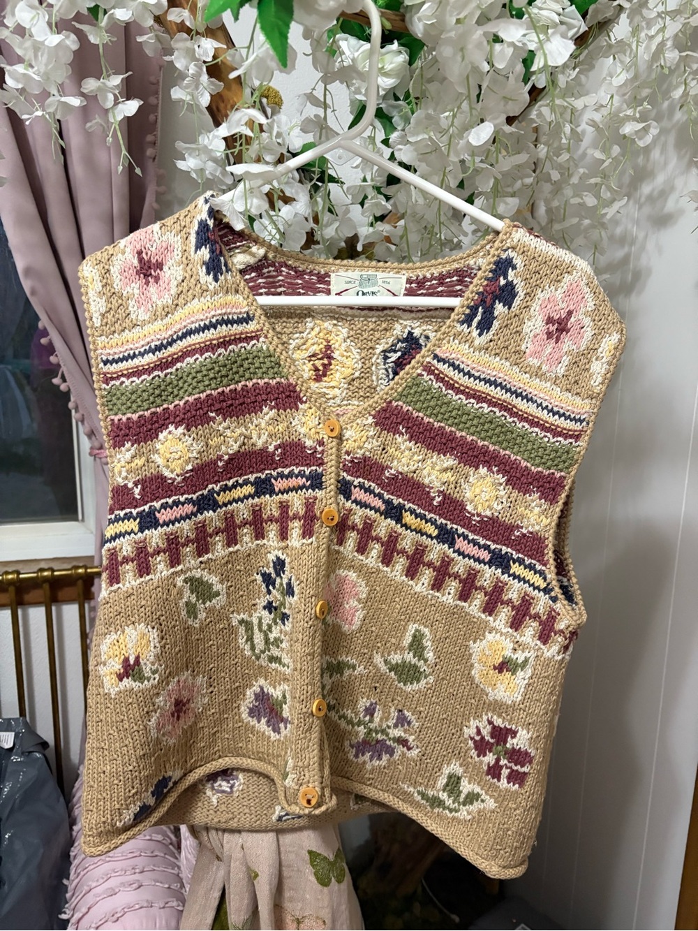 Orvis vintage Beige Floral Knit Button-Up Vest